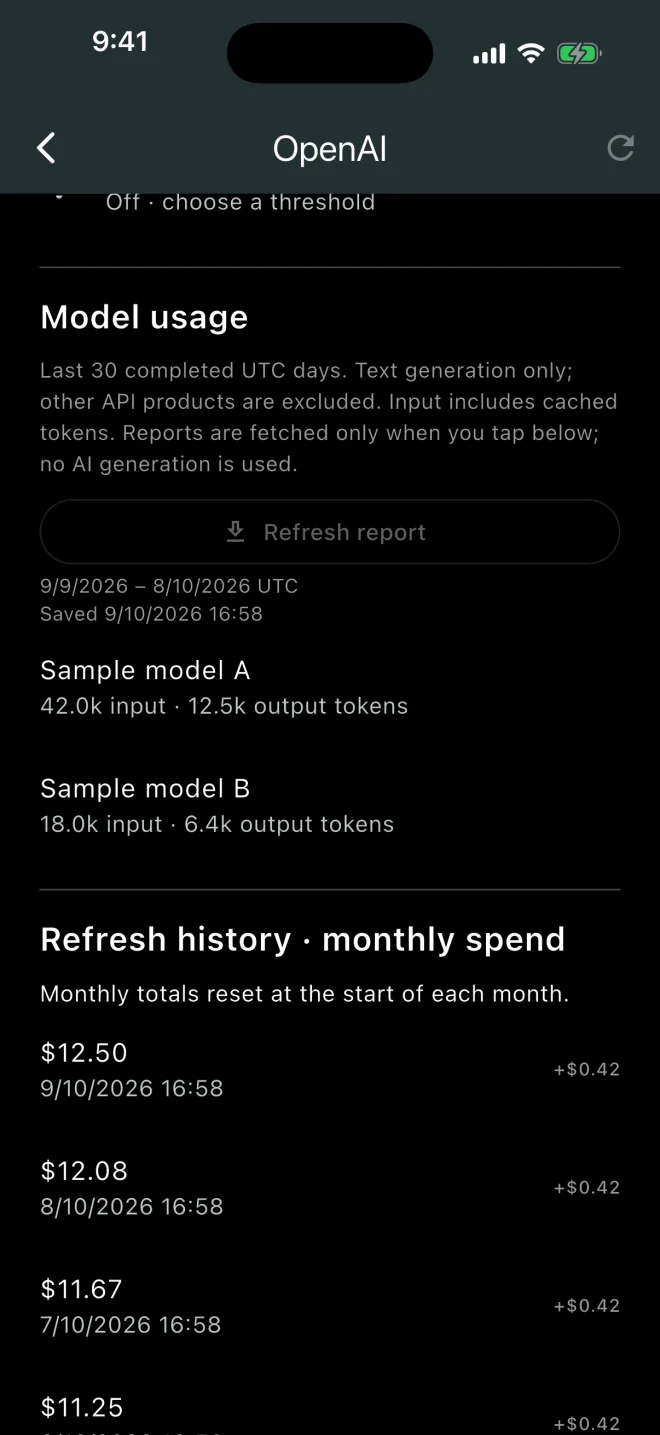 OpenAI detail screen in demo mode: a model usage report with token counts per sample model, and a list of saved monthly spend refreshes.